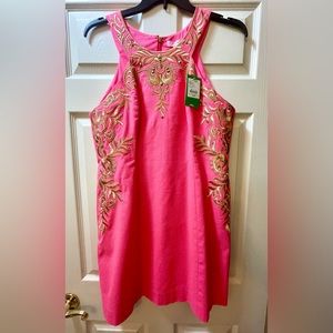 Lilly Pulitzer coral dress with gold embroidery, size 14.